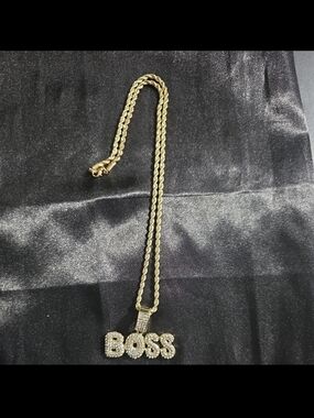 20" Gold-Tone Rhinestone 'BOSS' Pendant Rope Chain Necklace